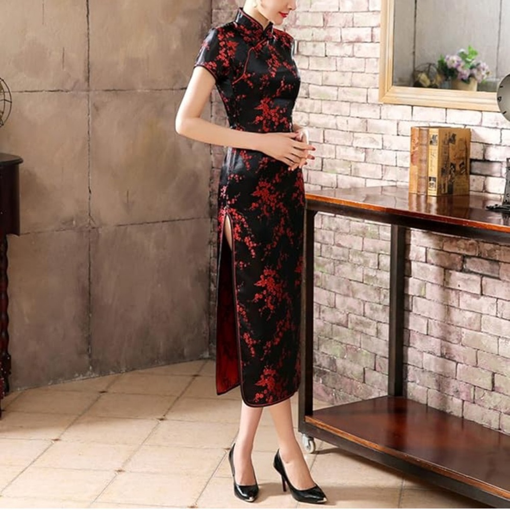 T & Q Classic Red Black Chinese‎ Brocade Maxi  Dress. Size XL